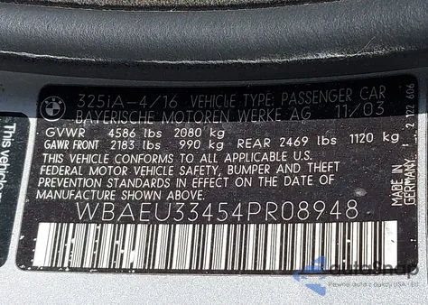 2004 BMW 325Xi z USA, uszkodzony, nr VIN WBAEU33454PR08948